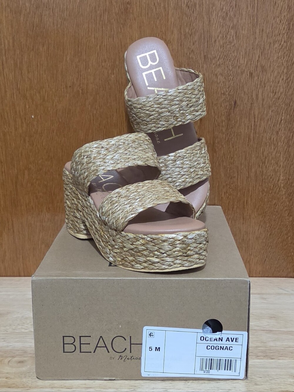 Beach by Matisse Ocean Ave Demi-Wedge Sandals Cognac Raffia Size 5M NIB